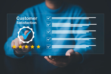 Hand Touch with Customer review satisfaction feedback survey concept, Users give a rating to service experience on the online application, service leading to reputation ranking 