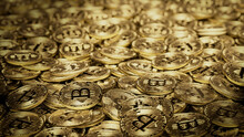Bitcoin Cryptocurrency Represented As Gold Coins. Digital Investing Background. 3D Render.