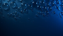 Liquid Droplets On Blue Background. Macro Wallpaper With Copy-Space.