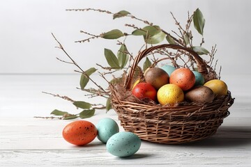 Canvas Print - wicker basket filled with fresh eggs and surrounded by rustic branches. Generative AI