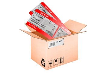 Poster - Bus tickets inside cardboard box, delivery concept. 3D rendering