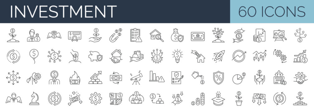set of 60 line icons related to investment, investor, risk management, economy, financial gain, mone