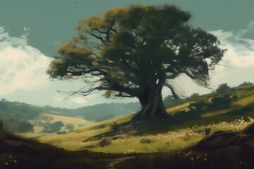 Wall Mural - majestic tree standing on a hill with a beautiful sky in the background. Generative AI