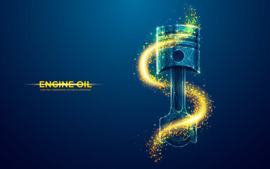 Aufkleber - Engine piston in oil. Car motor oil or auto engine synthetic lubricant 3d vector illustration with vehicle piston. Low poly wireframe background.