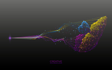 Poster - Abstract flying butterfly in polygons, lines and connected dots. Vivid Low Poly Wireframe butterfly on dark background. Digital vector illustration. Colorful creative concept. 