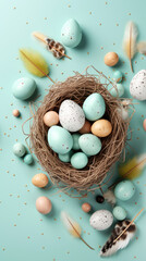 Wall Mural - poster and banner template with  eggs in the nest on light background. Greetings and presents for Easter Day in flat lay styling. Promotion and shopping template for Easter. Generative AI content