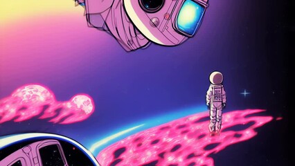 generative ai animation of psychedelic sketch cartoon astronaut in the city. crazy colorful backgrou