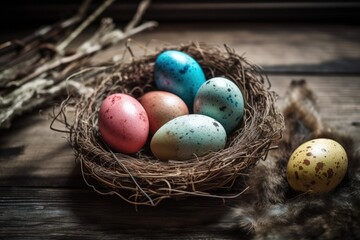 Wall Mural - Bird Nest Filled with Eggs on a Wooden Tabl. Generative AI