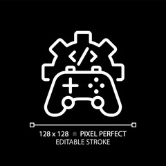 Sticker - Game development pixel perfect white linear icon for dark theme. STEM integration in industry. Students teaching improvement. Thin line illustration. Isolated symbol for night mode. Editable stroke