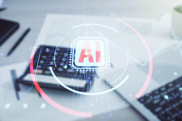 Poster - Double exposure of creative artificial Intelligence abbreviation hologram on calculator and pc background. Future technology and AI concept