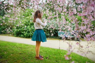 Wall Mural - Adorable preschooler girl enjoying nice spring day in park during cherry blossom season