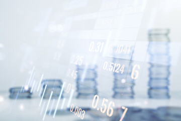 Poster - Multi exposure of virtual abstract financial graph interface on coins background, financial and trading concept