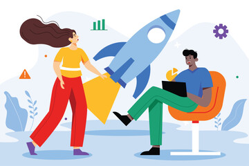 Aufkleber - Business startup color concept with people scene in the flat cartoon style. Guy show his girlfriend how his new startup works. Vector illustration.