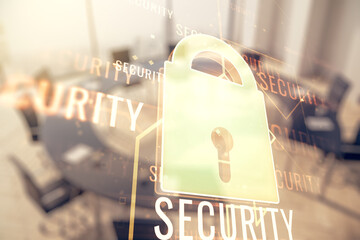 Poster - Double exposure of virtual creative lock hologram with chip on a modern meeting room background. Information security concept