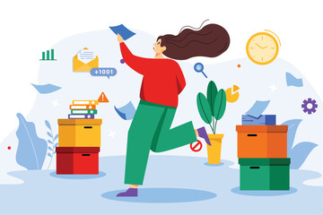 Aufkleber - Deadline color concept with people scene in the flat cartoon design. Woman is trying to complete all work tasks before deadlines. Vector illustration.