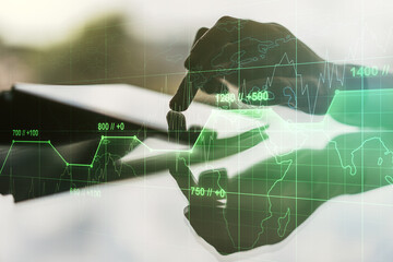 Poster - Multi exposure of abstract graphic data spreadsheet sketch and hand working with a digital tablet on background, analytics and analysis concept