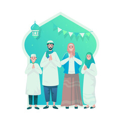 Wall Mural - Muslim family Eid greetings flat design