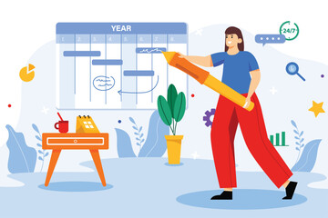 Poster - Planning color concept with people scene in the flat cartoon design. Woman creates a list of things that need to be done. Vector illustration.