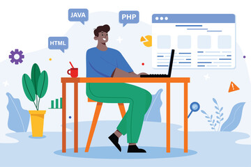 Poster - Programing software color concept with people scene in the flat cartoon style. Programmer work with software for computers using HTML, JAVA and PHP. Vector illustration.