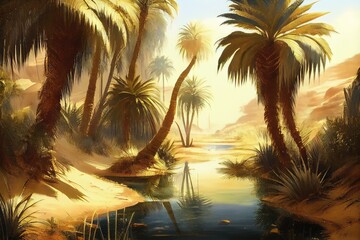 Canvas Print - oasis with palm trees, clear water and hot sun shining down, created with generative ai