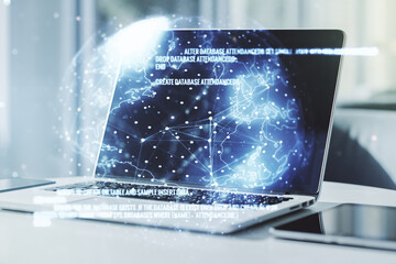 Aufkleber - Double exposure of abstract creative programming illustration with world map on computer background, big data and blockchain concept