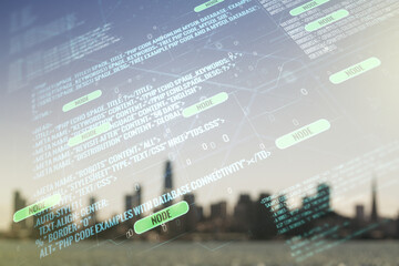 Poster - Multi exposure of abstract programming language hologram on blurry office buildings background, artificial intelligence and machine learning concept