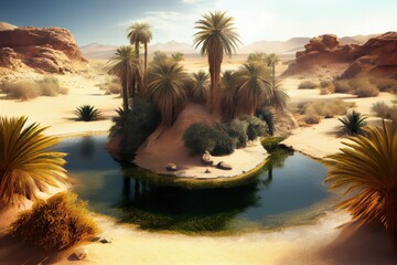 Canvas Print - oasis with palm trees and cool water in the middle of hot desert, created with generative ai