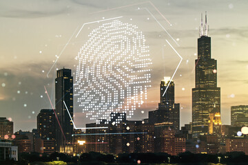 Wall Mural - Abstract virtual fingerprint illustration on Chicago cityscape background, personal biometric data concept. Multiexposure