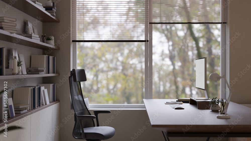 Side view of a modern contemporary home office workspace interior ...