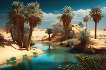 Canvas Print - oasis in desert, with palm trees and clear blue water, created with generative ai