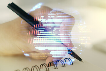 Aufkleber - Abstract creative coding illustration with world map and man hand writing in diary on background, international software development concept. Multiexposure