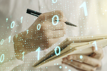 Aufkleber - Creative abstract binary code sketch and man hand writing in notepad on background, hacking and matrix concept. Multiexposure