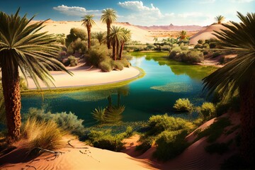 Wall Mural - oasis, with lush greenery and clear blue water, surrounded by hot sand in the desert, created with generative ai