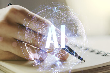 Aufkleber - Creative artificial Intelligence symbol concept with man hand writing in diary on background. Double exposure