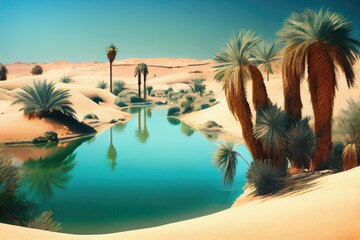 Wall Mural - desert mirage of oasis, with palm trees and clear blue water, created with generative ai