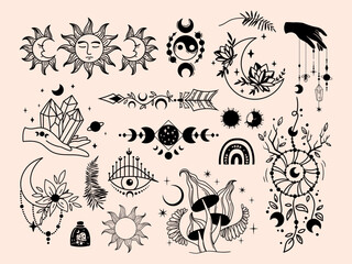 mystical celestial clipart bundle, mysticism and esoteric, flower moon phases, dream catcher and arr