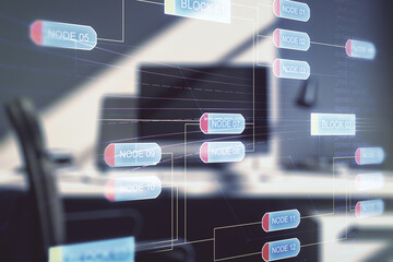 Poster - Multi exposure of abstract programming language hologram and modern desk with computer on background, artificial intelligence and machine learning concept