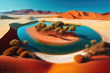 Poster - oasis with clear blue water, surrounded by red sand dunes, created with generative ai