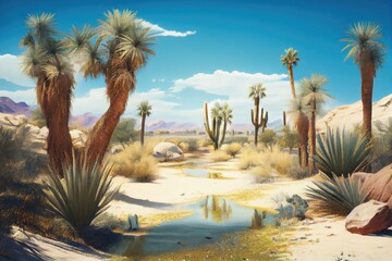 Sticker - desert oasis with palm trees, cacti, and blue sky in the background, created with generative ai