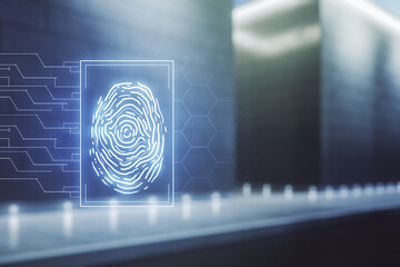 Aufkleber - Abstract virtual fingerprint hologram on blurry modern office building background. Multiexposure