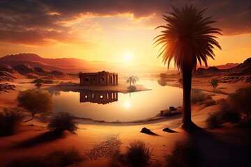 Canvas Print - oasis, with view of the sun setting over desert landscape, bringing cooler temperatures, created with generative ai