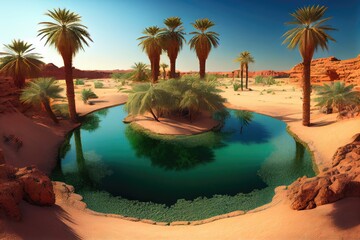 Canvas Print - oasis with palm trees and clear blue water, surrounded by hot and arid desert, created with generative ai