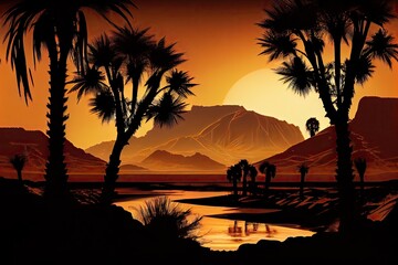 Canvas Print - oasis with beautiful sunset, with silhouettes of palm trees and mountains visible in the background, created with generative ai