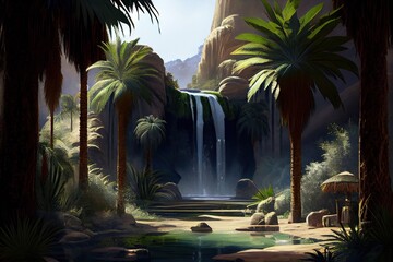 Sticker - oasis with waterfall, surrounded by lush vegetation and palm trees, created with generative ai