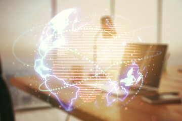 Poster - Double exposure of abstract digital world map with connections on computer background, big data and blockchain concept