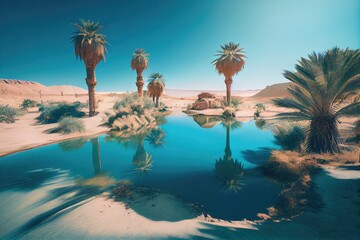 Poster - oasis with palm trees and clear blue skies, surrounded by endless desert, created with generative ai