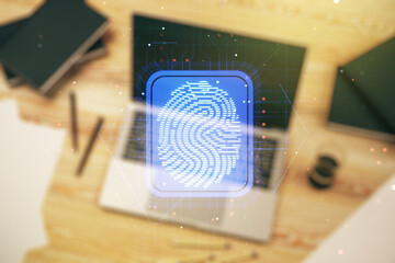 Aufkleber - Abstract creative fingerprint concept on modern laptop background. Multiexposure