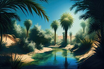 Wall Mural - oasis with clear blue sky and sun shining down on its lush greenery, created with generative ai