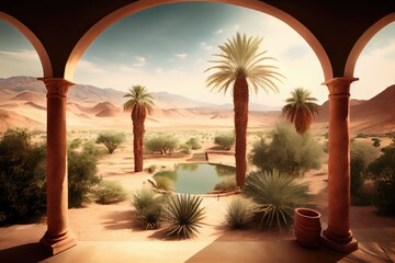 Sticker - oasis, with view of the desert and distant mountains, providing a peaceful escape from the heat, created with generative ai