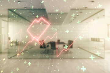 Poster - Abstract virtual heart pulse hologram on a modern furnished classroom background, online medical consulting concept. Multiexposure